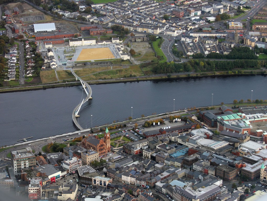The peace bridge and Guild Hall from the air