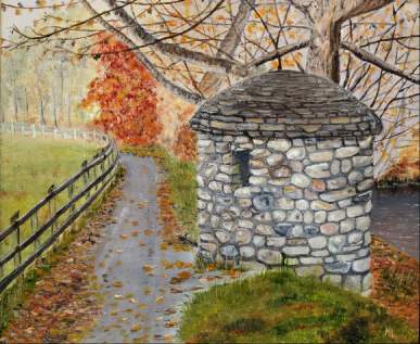 A bleaching green watch tower. Painting by Margaret Lueg
